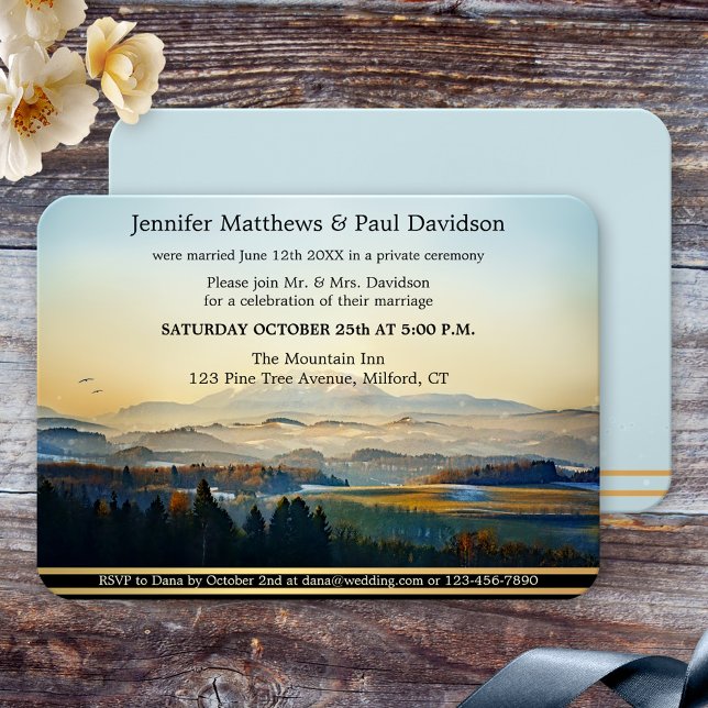 Dusty Blue Gold Painted Mountain Wedding Reception Invitation (after wedding, wedding reception only,  or post wedding invitation featuring a painted mountain land)