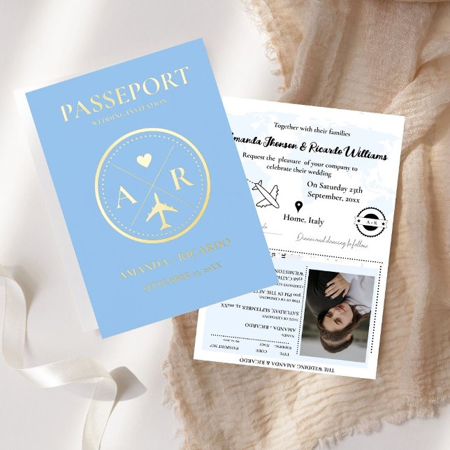 Dusty Blue & Gold Passport  Wedding Invitation (Creator Uploaded)