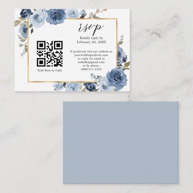Dusty Blue Gold Pastel Floral QR Code Wedding RSVP Enclosure Card (Front/Back)