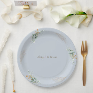 Dusty Blue & Gold Personalised Foliage Wedding Paper Plate