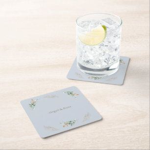Dusty Blue & Gold Personalised Foliage Wedding Square Paper Coaster
