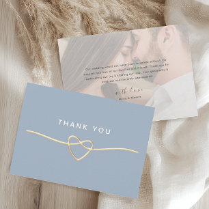 Dusty Blue Gold Photo Wedding Thank You Card