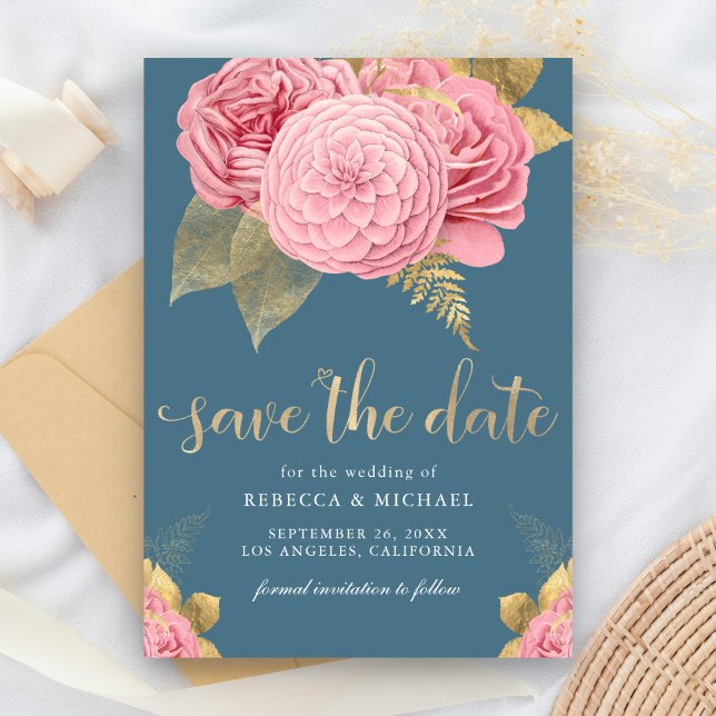Dusty Blue Gold Pink Floral Wedding Save The Date (Creator Uploaded)
