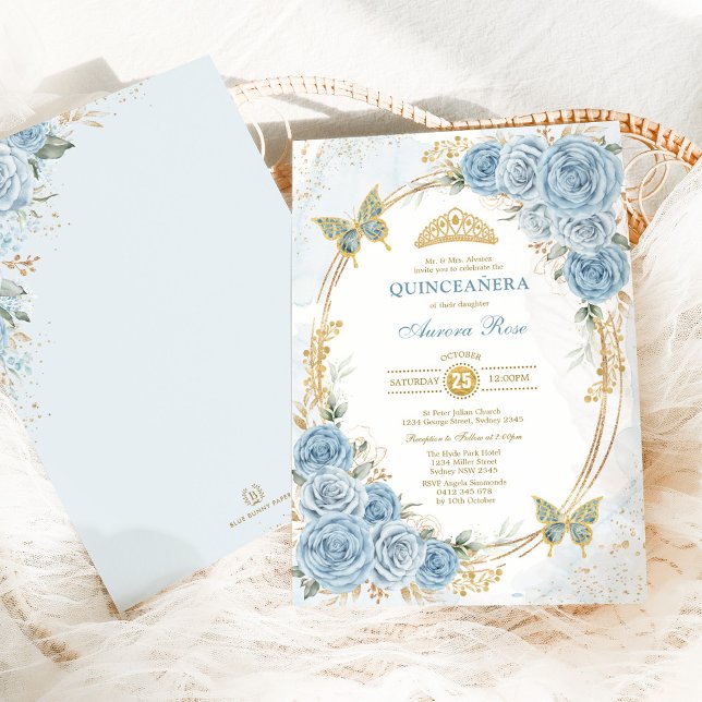 Dusty Blue Gold Quinceanera Mis Quince 15 Anos Invitation (Creator Uploaded)