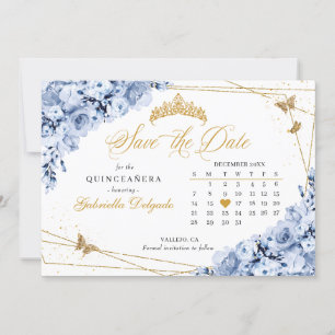 Dusty Blue & Gold Quinceañera Save The Date Invitation