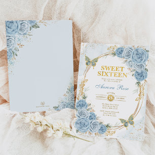 Dusty Blue Gold Roses Sweet Sixteen Birthday Invitation