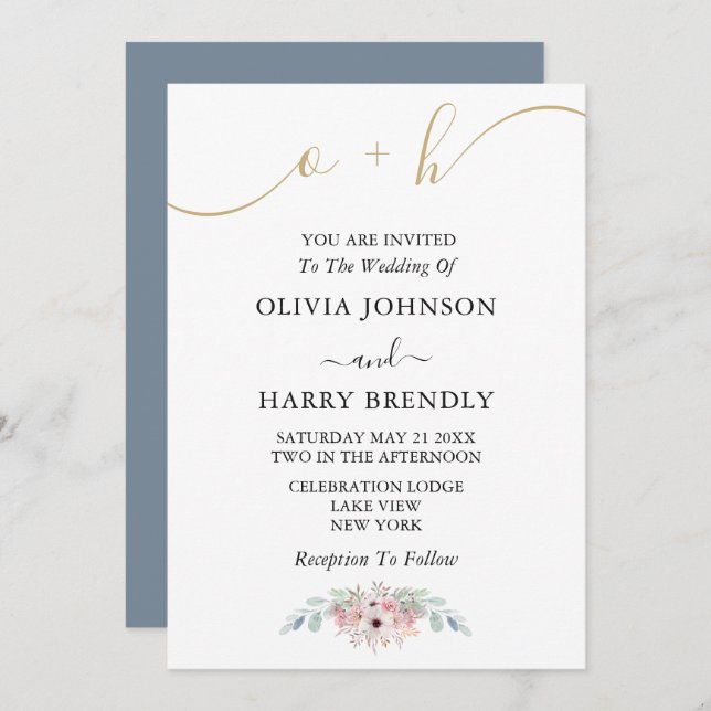 Dusty Blue Gold Rustic Eucalyptus Wedding Invite (Front/Back)