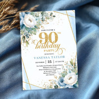 Dusty blue gold script frame modern 90th birthday