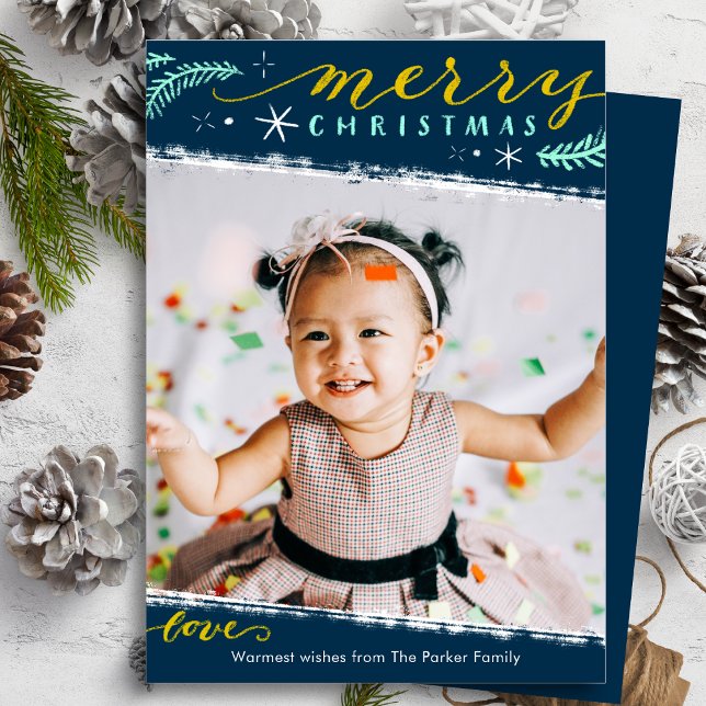 Dusty Blue Gold Script Minimalist Photo Christmas Holiday Card (Creator Uploaded)