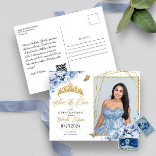 Dusty Blue & Gold Tiara Quinceañera Photo Postcard