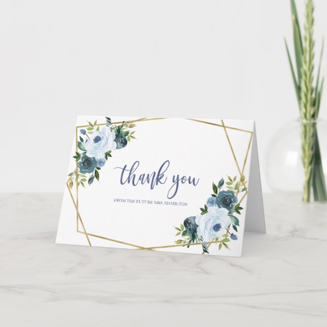Dusty Blue Gold Watercolor Bridal Shower Thank You Card (Front)
