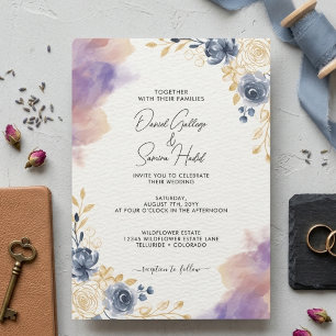 Dusty Blue Gold Watercolor Floral Wedding Invitation