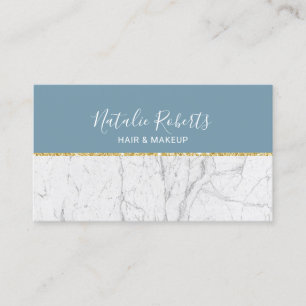 Dusty Blue Gold & White Marble Modern Beauty Salon Business Card