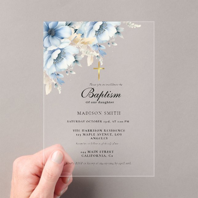  Dusty Blue Gold Wildflower First Holy Baptism Acrylic Invitations (Insitu (Handheld))