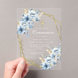  Dusty Blue Gold Wildflower First Holy Communion Acrylic Invitations