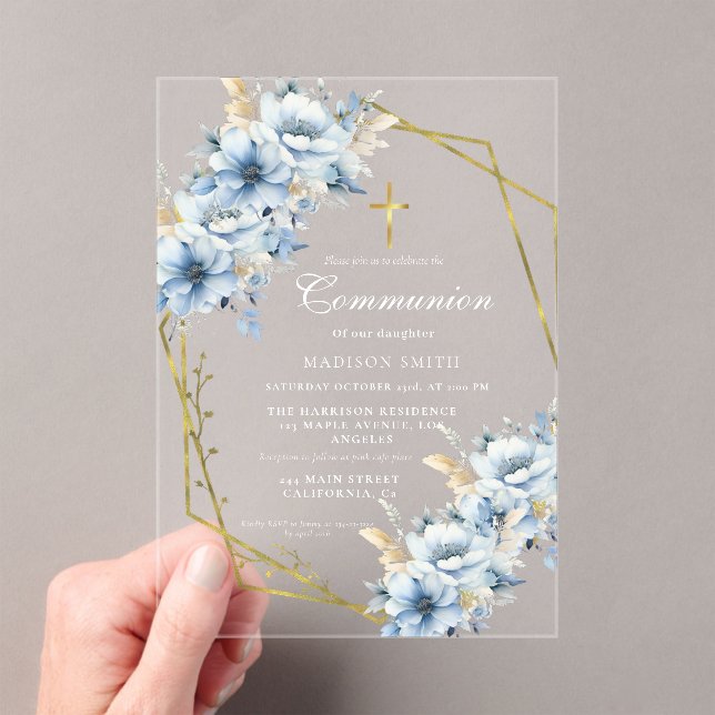  Dusty Blue Gold Wildflower First Holy Communion Acrylic Invitations (Insitu (Handheld))