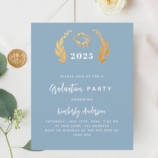 Dusty blue gold wreath Graduation Party invitation (Creator Uploaded)