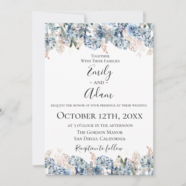 Dusty Blue Golden Botanical Wedding Invitation (Front)