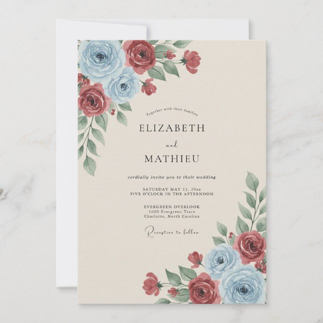 Dusty Blue Graceful Vintage Wedding Invitation (Front)