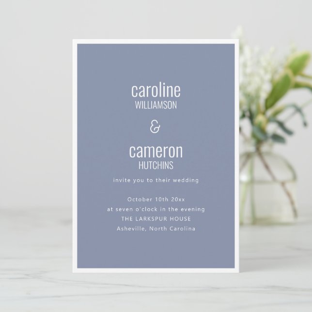 Dusty Blue Gray Modern Minimal Typography Wedding Invitation (Standing Front)