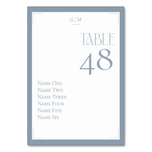 Dusty Blue Gray Monogram Guest Names Modern Table Number