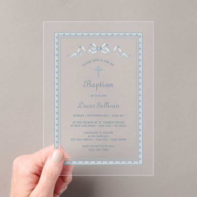 Dusty Blue Greek Frame Bow Baptism Acrylic Invitations (Insitu (Handheld))