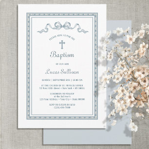 Dusty Blue Greek Frame Bow Baptism Invitation