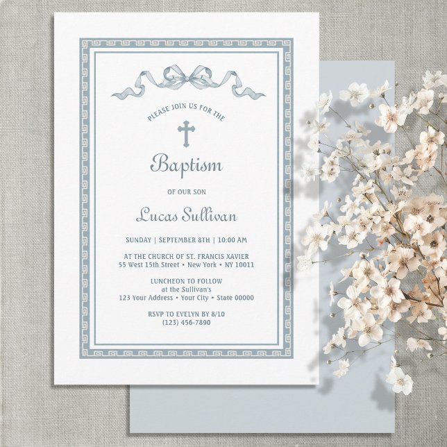 Dusty Blue Greek Frame Bow Baptism Invitation (Creator Uploaded)