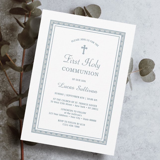 Dusty Blue Greek Frame First Communion Invitation (Creator Uploaded)