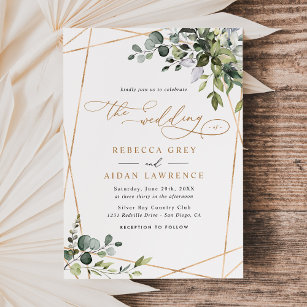 Dusty Blue Green Gold Eucalyptus Greenery Wedding Invitation
