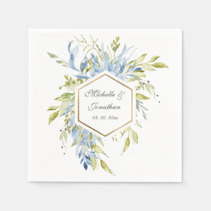 Dusty Blue Green Watercolor Greenery Gold Frame Napkin
