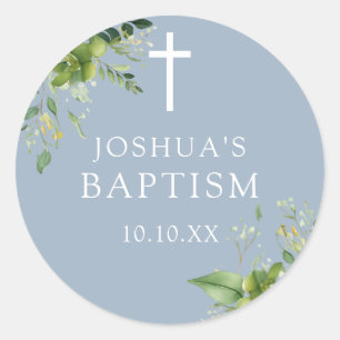 Dusty Blue Greenery Baptism Christening Favour Classic Round Sticker