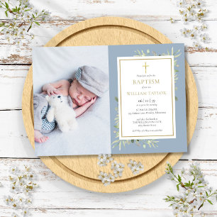 Dusty Blue Greenery Baptism Christening Photo Invitation