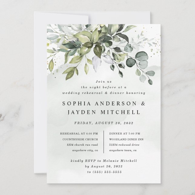 Dusty Blue Greenery Boho Wedding Rehearsal Dinner Invitation (Front)