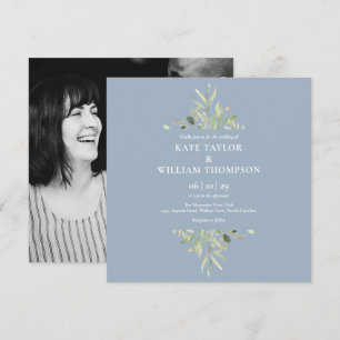 Dusty Blue Greenery Botanical Photo Wedding Invitation