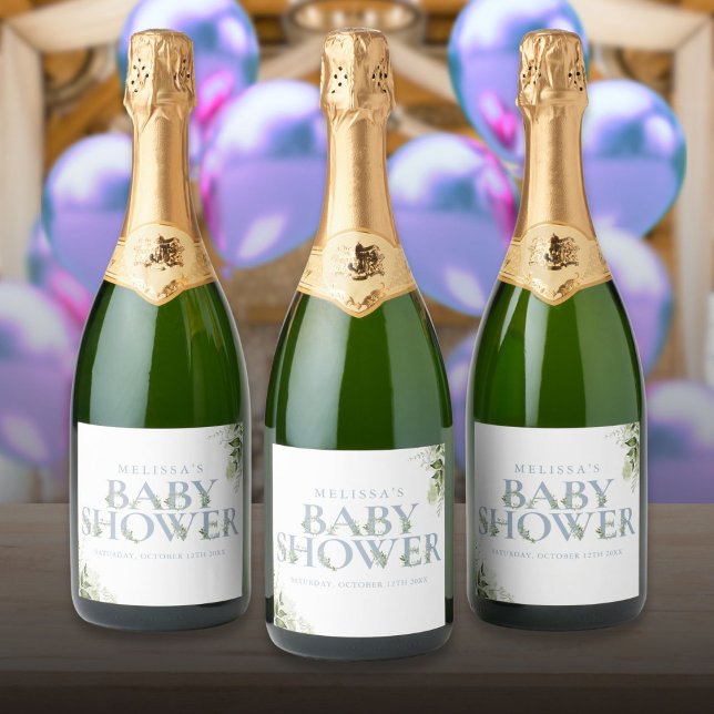 Dusty Blue Greenery Boy Baby Shower Sparkling Wine Label (Dusty Blue Greenery Boy Baby Shower Sparkling Wine Label)