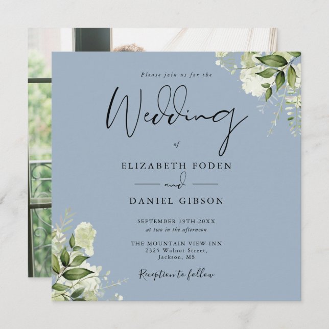 Dusty Blue Greenery Elegant Photo Square Wedding Invitation (Front/Back)