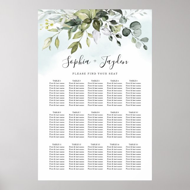 Dusty Blue Greenery Elegant Wedding Seating Chart (Front)