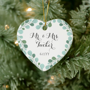 Dusty Blue Greenery Eucalyptus Mr. & Mrs. Photo Ceramic Tree Decoration