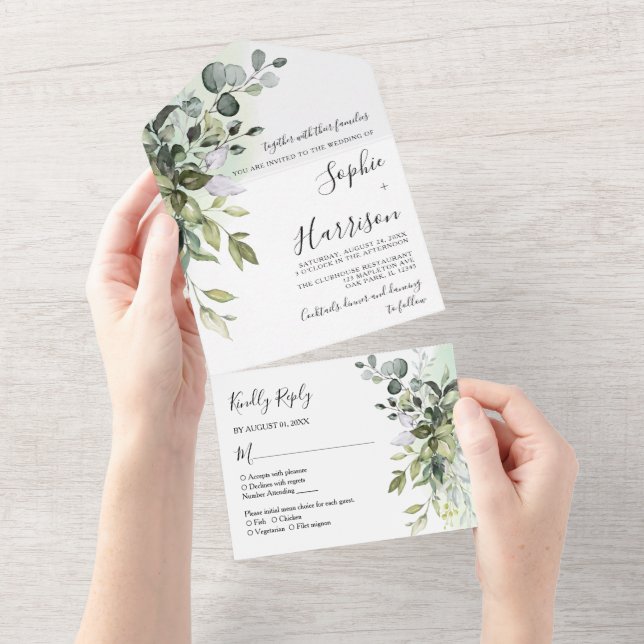 Dusty Blue Greenery Eucalyptus Wedding All In One  All In One Invitation (Tearaway)