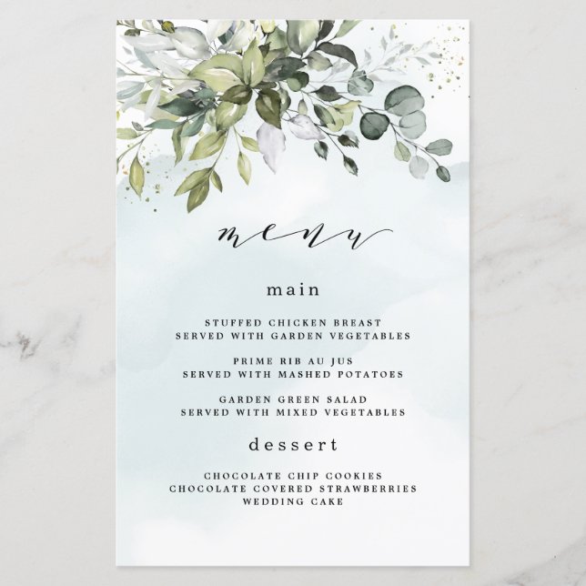 Dusty Blue Greenery Floral Boho Wedding Menu Cards (Front)