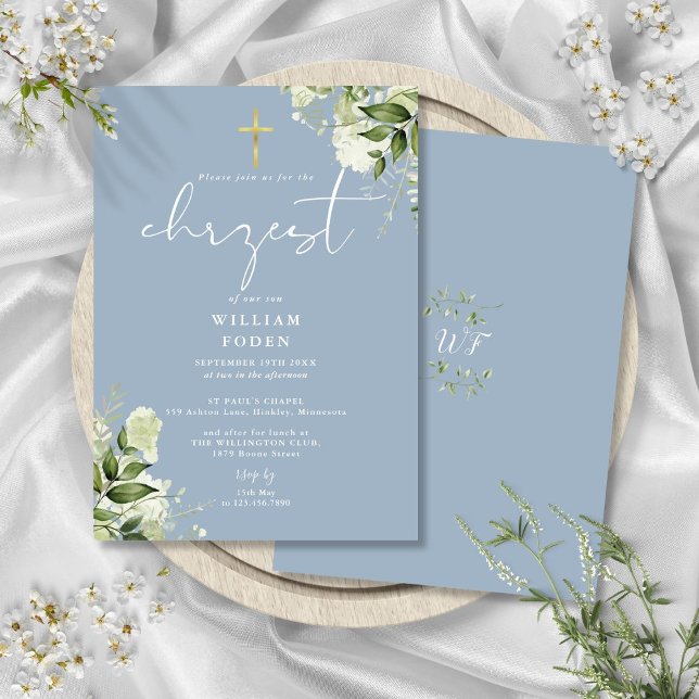 Dusty Blue Greenery Floral Chrzest Baptism Invitation (Dusty Blue Greenery Floral Chrzest Baptism Invitation)