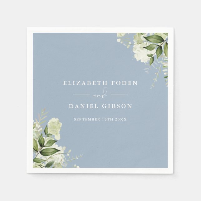 Dusty Blue Greenery Floral Elegant Names Date Napkin (Front)