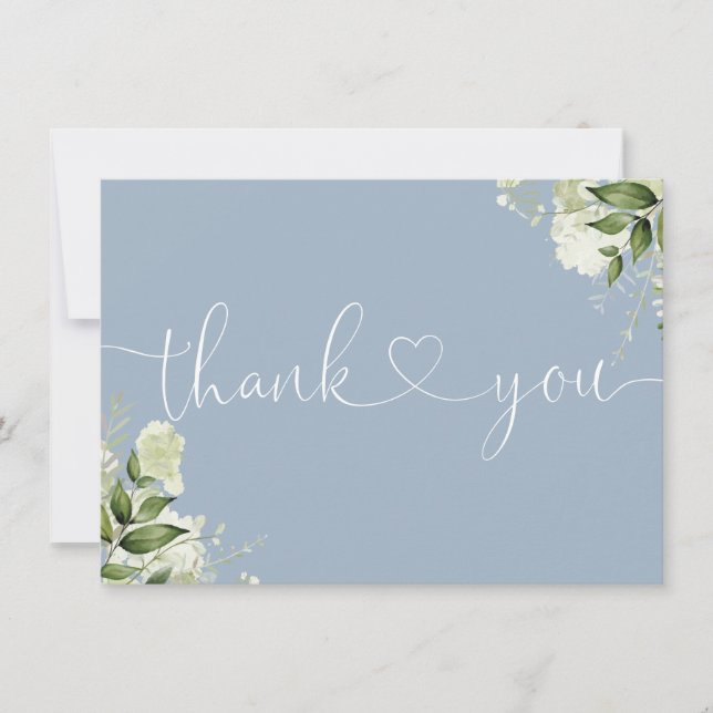 Dusty Blue Greenery Floral Elegant Script Heart Thank You Card (Front)
