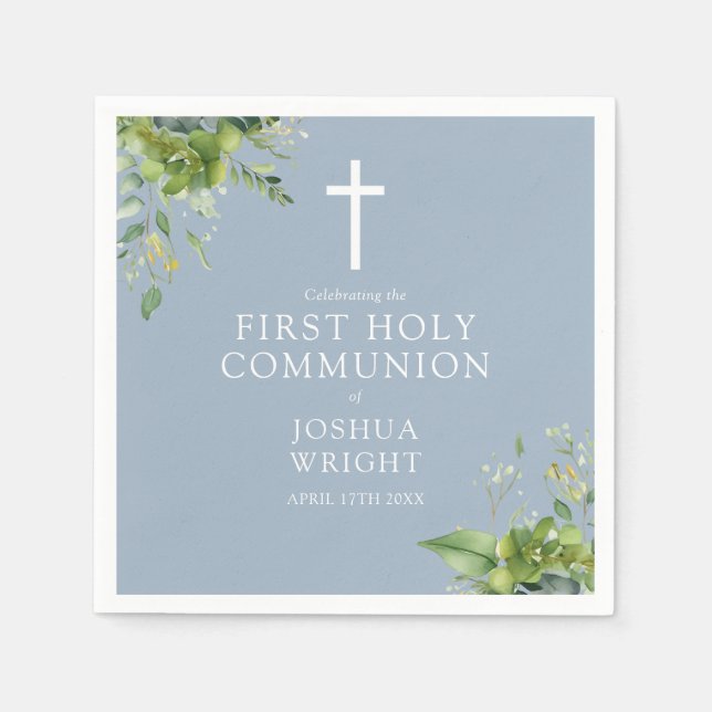 Dusty Blue Greenery Floral First Holy Communion Napkin (Front)