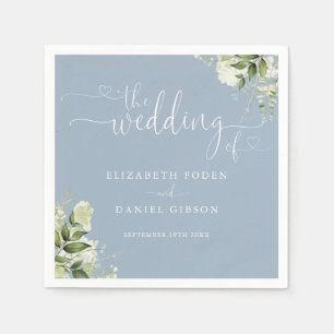 Dusty Blue Greenery Floral Heart Script Wedding Napkin