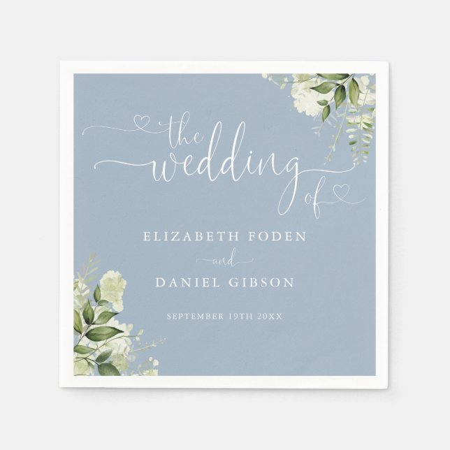 Dusty Blue Greenery Floral Heart Script Wedding Napkin (Front)