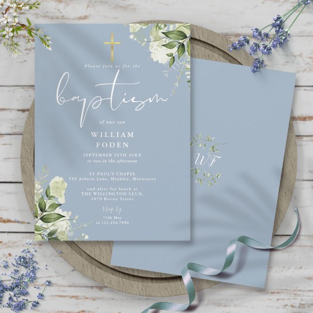 Dusty Blue Greenery Floral Monogram Baptism Invitation (Dusty Blue Greenery Floral Monogram Baptism Invitation)