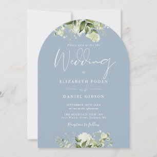 Dusty Blue Greenery Floral Monogram Wedding Arch Invitation