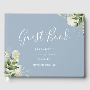 Dusty Blue Greenery Floral Photo Wedding Guest Book